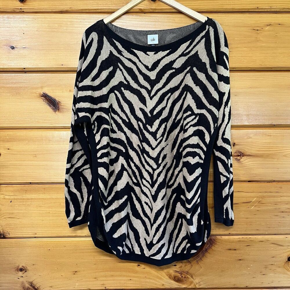 CAbi Dani Beige Zebra Print Oversized Sweater Boatneck Longsleeve Sz S